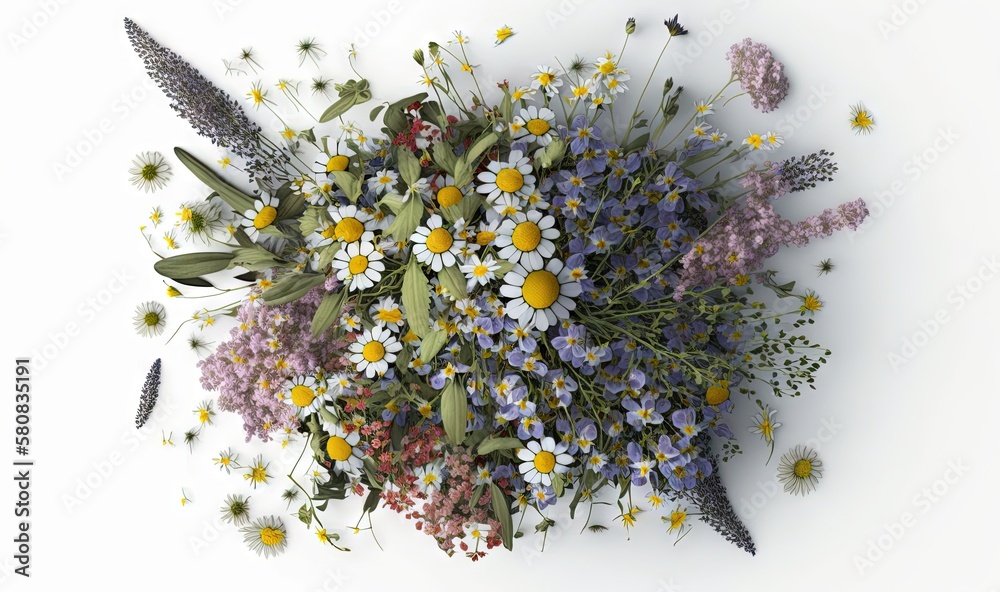  a bouquet of wildflowers and other flowers on a white background with a butterfly flying over them 