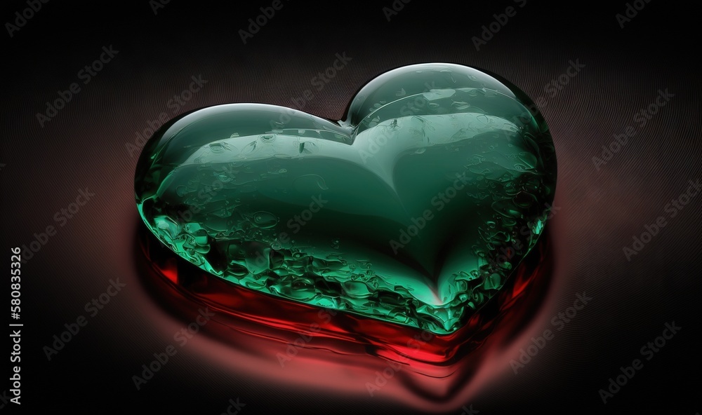  a green heart shaped object sitting on top of a black surface with a red light behind it and a blac