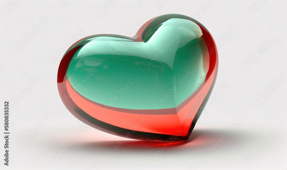  a red and green heart shaped object on a white surface with a shadow on the ground and a light refl