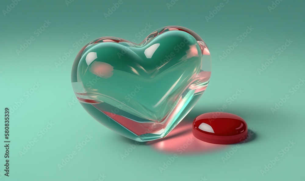  a heart shaped glass object with a red object in the middle of the image on a green background with