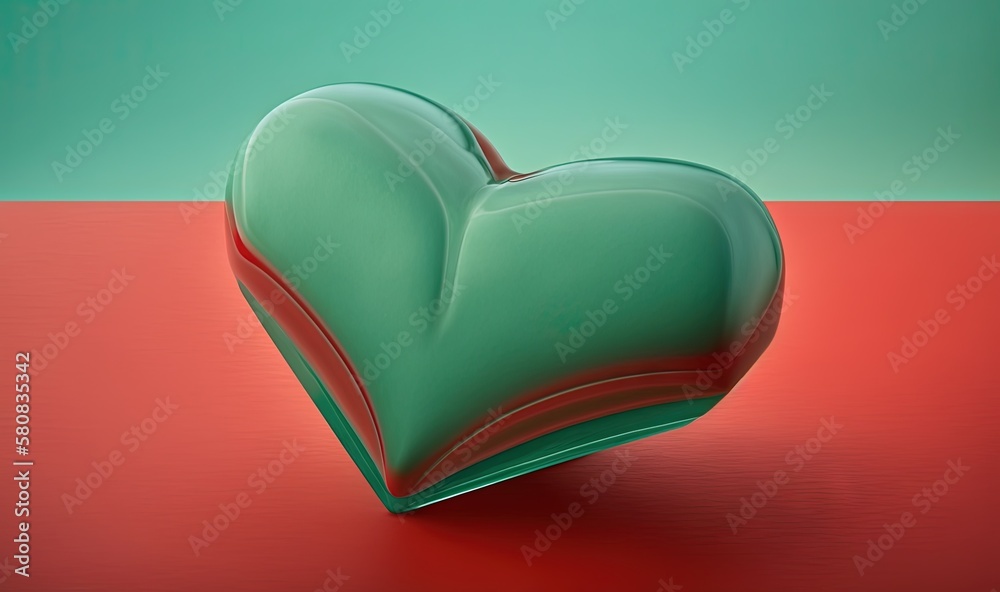  a green heart shaped object sitting on a red surface with a green background and a red floor below 