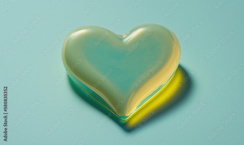  a heart shaped glass object on a blue surface with a yellow border around it and a green edge aroun