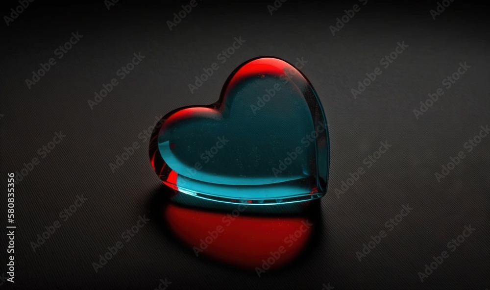  a heart shaped glass object sitting on a black surface with red and blue light reflecting off its 