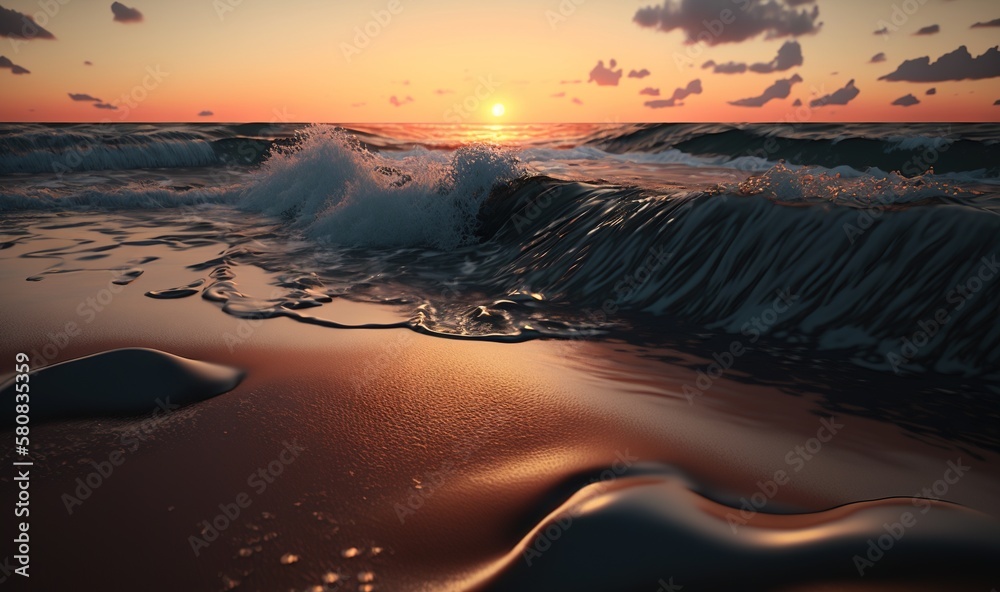  a painting of a sunset over a beach with a wave crashing on the sand and the sun rising over the oc