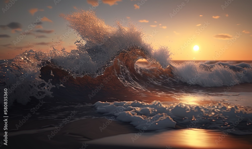  a painting of a sunset over the ocean with a wave coming towards the shore and the sun setting in t