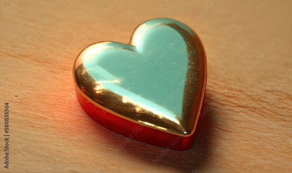  a heart shaped object sitting on top of a wooden table next to a light brown tablecloth with a red 