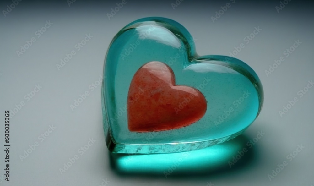  a glass heart with a red heart inside of it on a white surface with a blue light behind it and a re