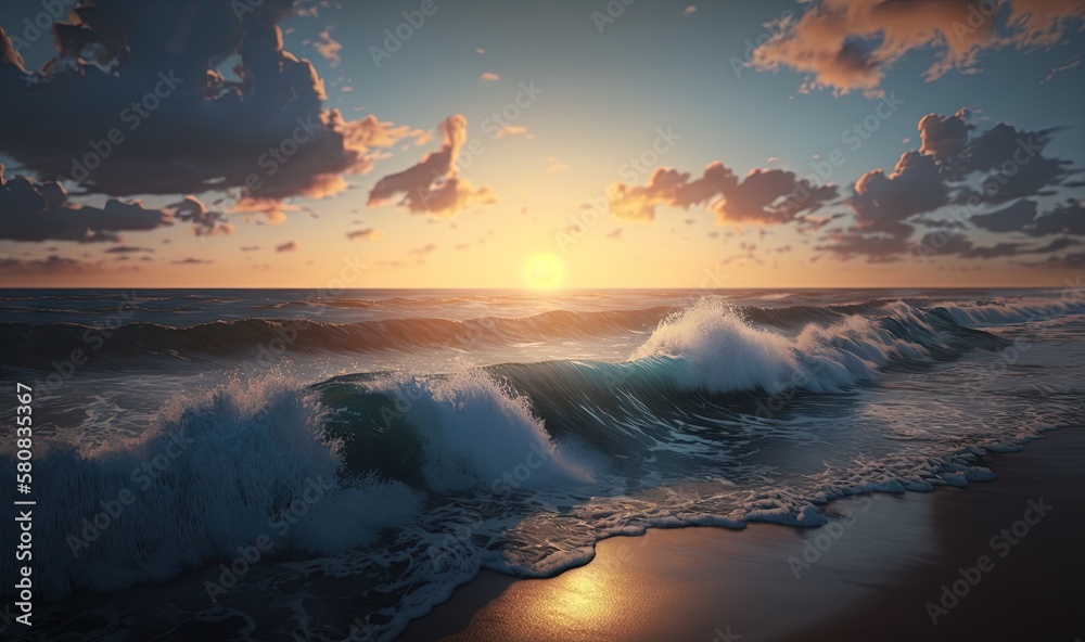  a painting of a sunset over the ocean with a wave coming towards the shore and the sun in the sky a