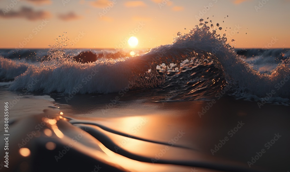  the sun is setting over the ocean with a wave crashing in the foreground and the sun setting over t