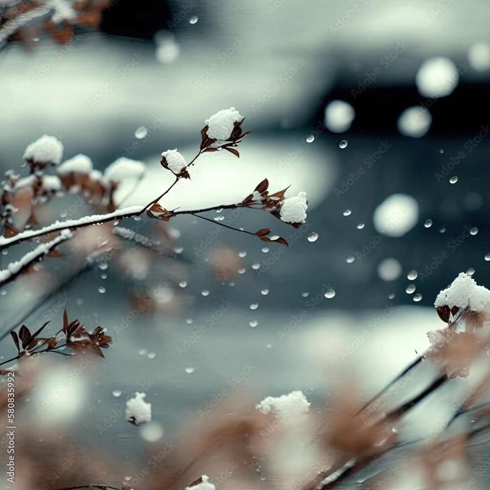  a branch with snow on it in the wintertime with a blurry background of a building in the distance a