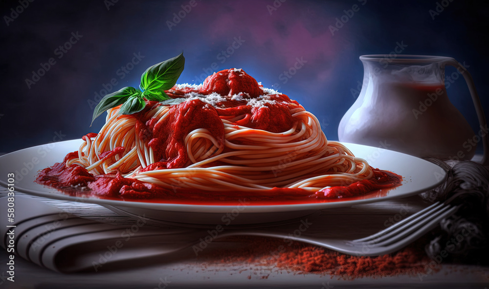  a plate of spaghetti with sauce and a bottle of milk on a table with a cloth and a cloth on it with