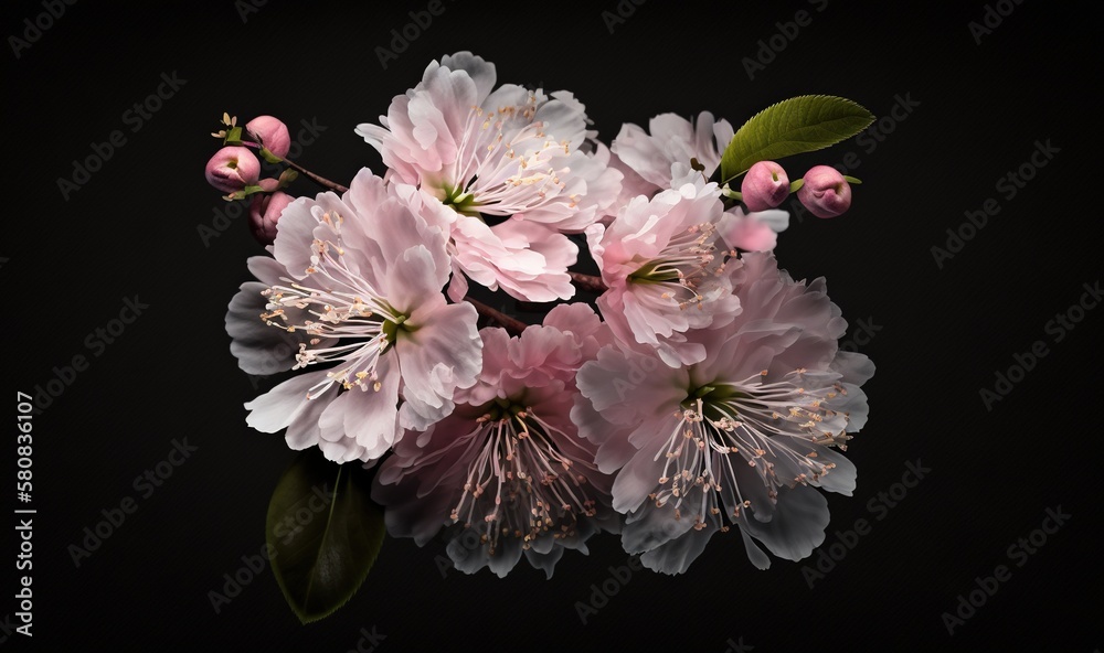  a bouquet of pink flowers with green leaves on a black background with space for text or image to b