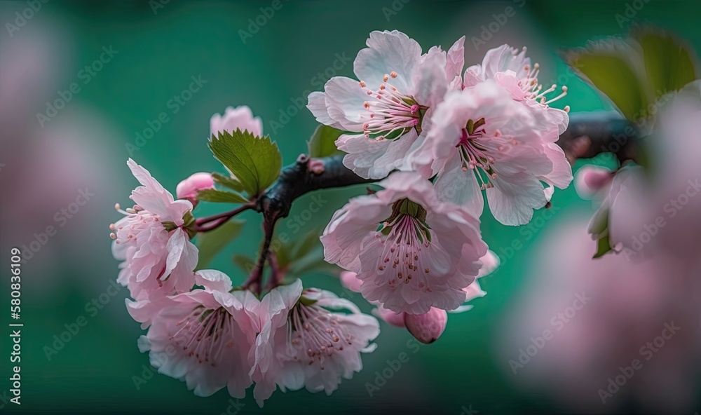  a branch with pink flowers on it with green leaves and a blurry back ground behind it is a blurry b