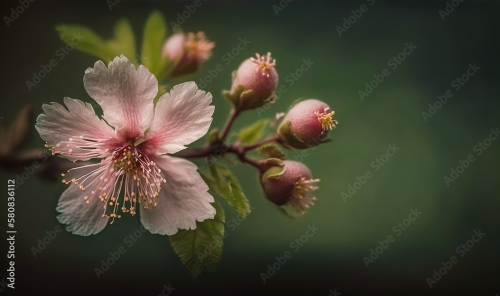  a close up of a flower on a branch with a blurry back ground behind it and a green background with 