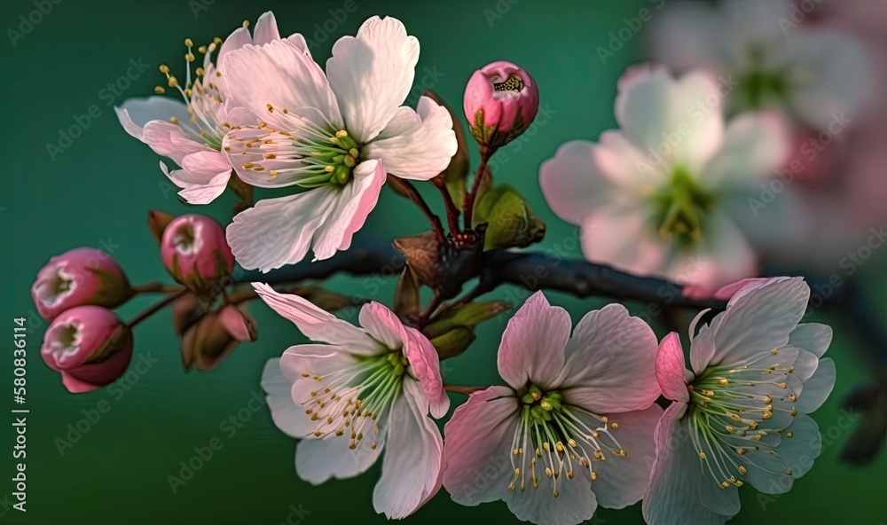  a branch of a tree with pink and white flowers on it and a green back ground with a green back grou