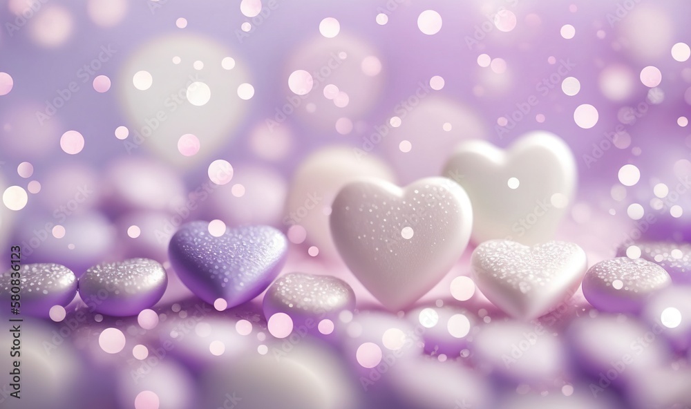  a group of hearts sitting on top of a purple surface with bubbles in the background and a blurry ba