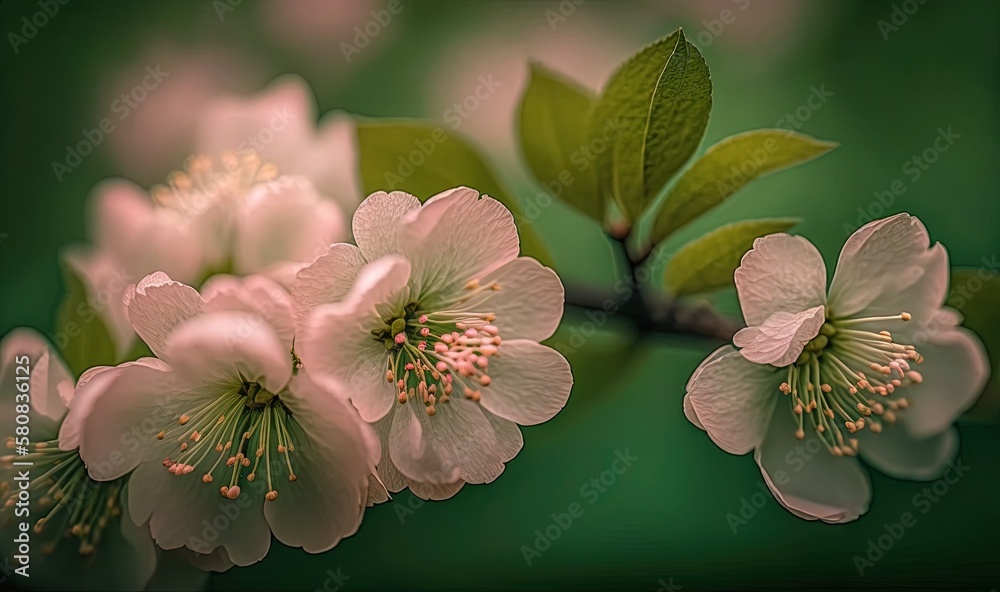  a close up of a flower on a branch with green leaves on a green background with a blurry image of a