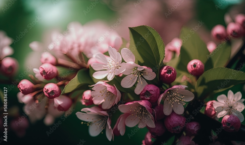  a close up of a bunch of flowers on a branch with leaves and flowers in the foreground, with a blur