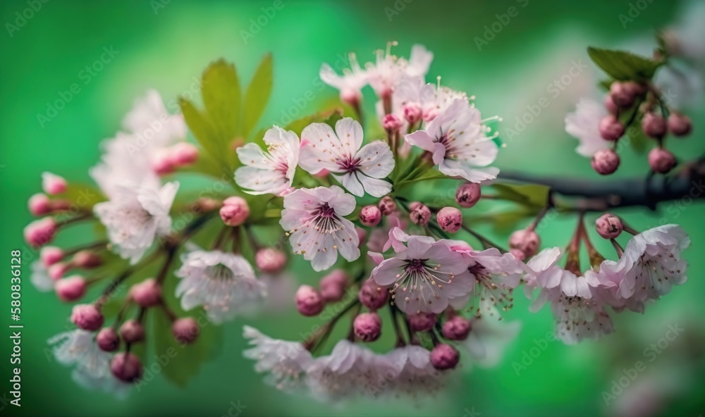  a branch of a cherry tree with pink flowers and green leaves in the springtime with a blurry backgr