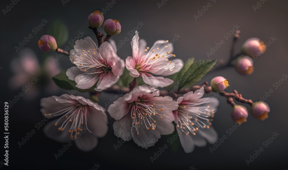  a close up of a flower on a branch with leaves and buds on a dark background with a soft focus on t