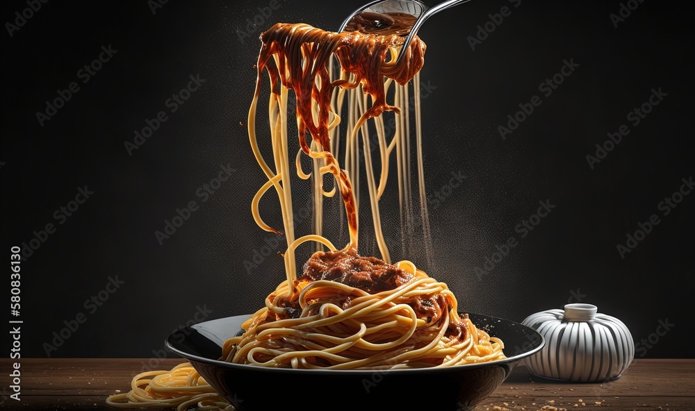  a plate of spaghetti being tossed with sauce and a fork with a bite taken out of it, with a pumpkin