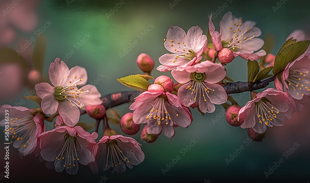  a branch with pink flowers on it with green leaves and buds in the center of the branch is a dark g