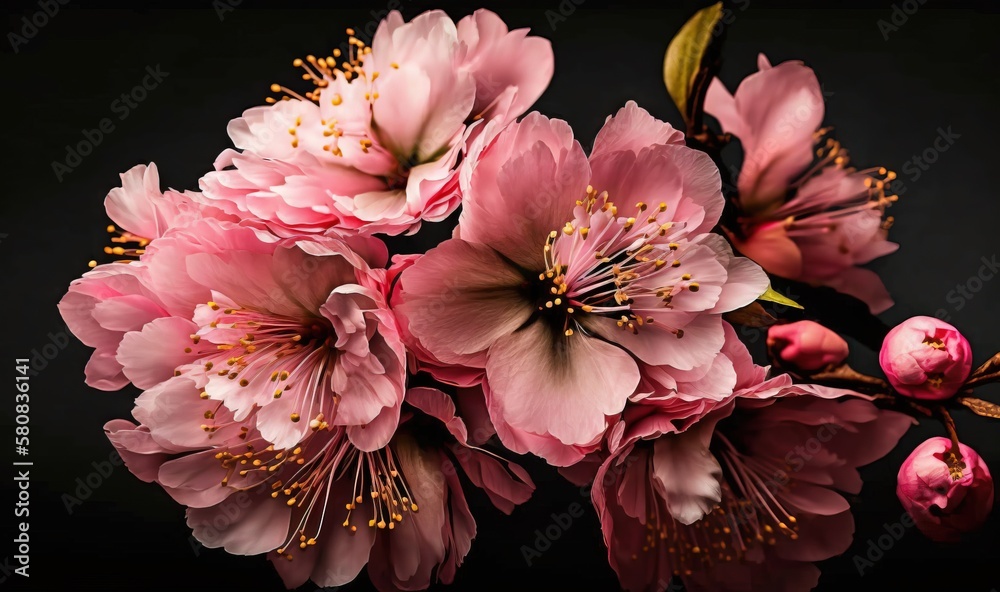  a bunch of pink flowers are on a black background with yellow stamens on the petals and in the midd