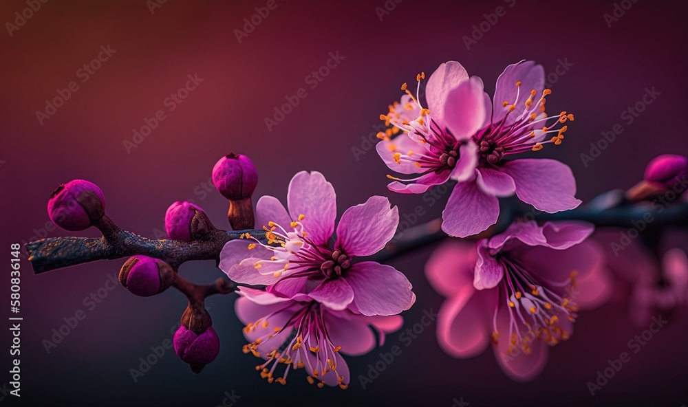  a close up of a flower on a branch with water droplets on the surface of the image and a purple bac