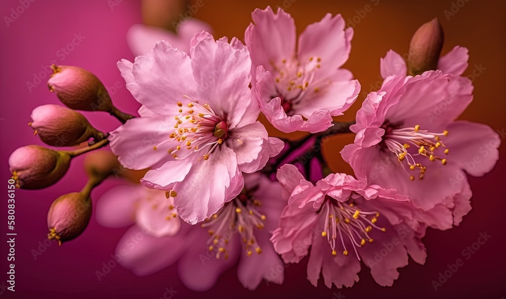  a close up of a bunch of pink flowers on a branch with yellow stamens on a pink background with a p