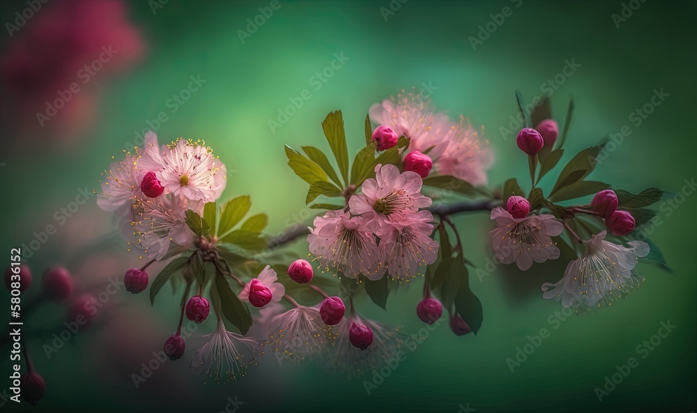  a branch with pink flowers and green leaves on a green background with a blurry image of a branch w