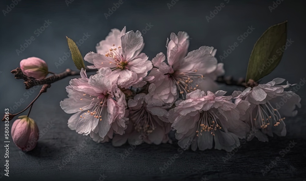  a bunch of flowers that are on a branch of a tree in the dark night time, with a dark background an