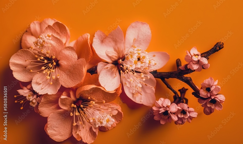  a bunch of pink flowers on a branch on an orange background with space for text on the left side of