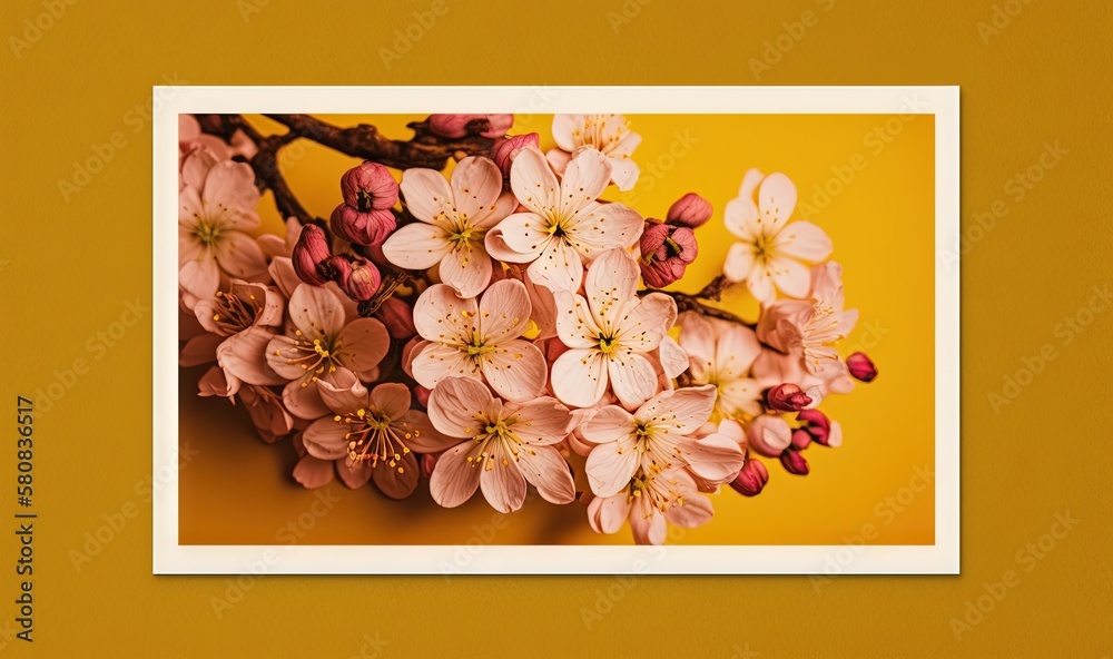  a picture of a branch of a tree with pink flowers on a yellow background with a white border around