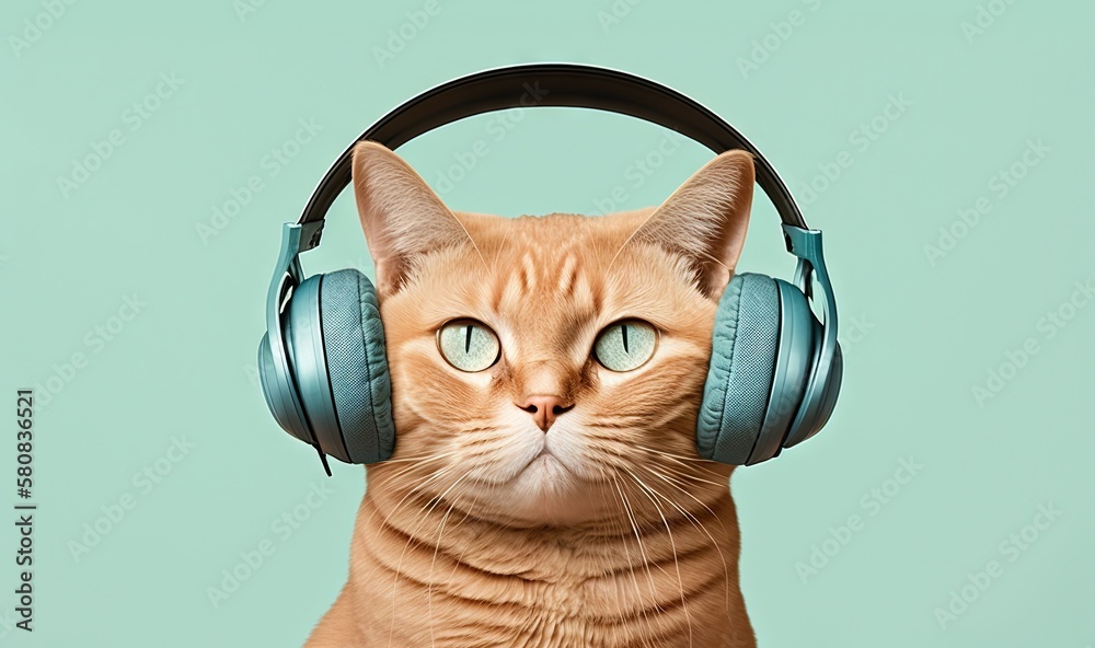  a cat with headphones on its ears looking at the camera with a surprised look on its face, against 