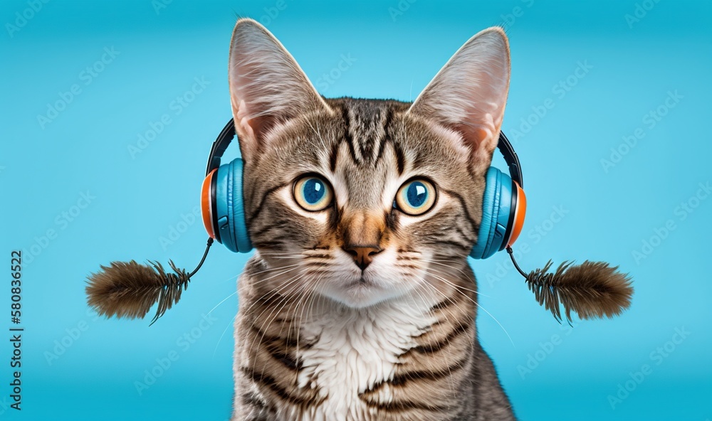  a cat with headphones on its ears looking at the camera with a surprised look on its face, against 