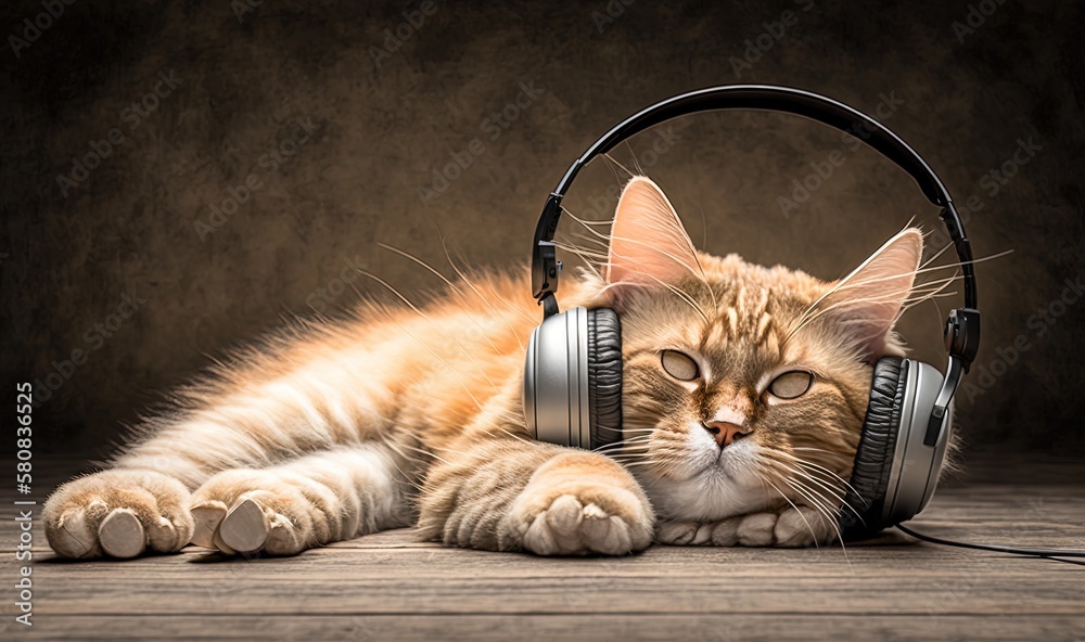  a cat laying on the floor with headphones around its neck and eyes, with its head resting on the f