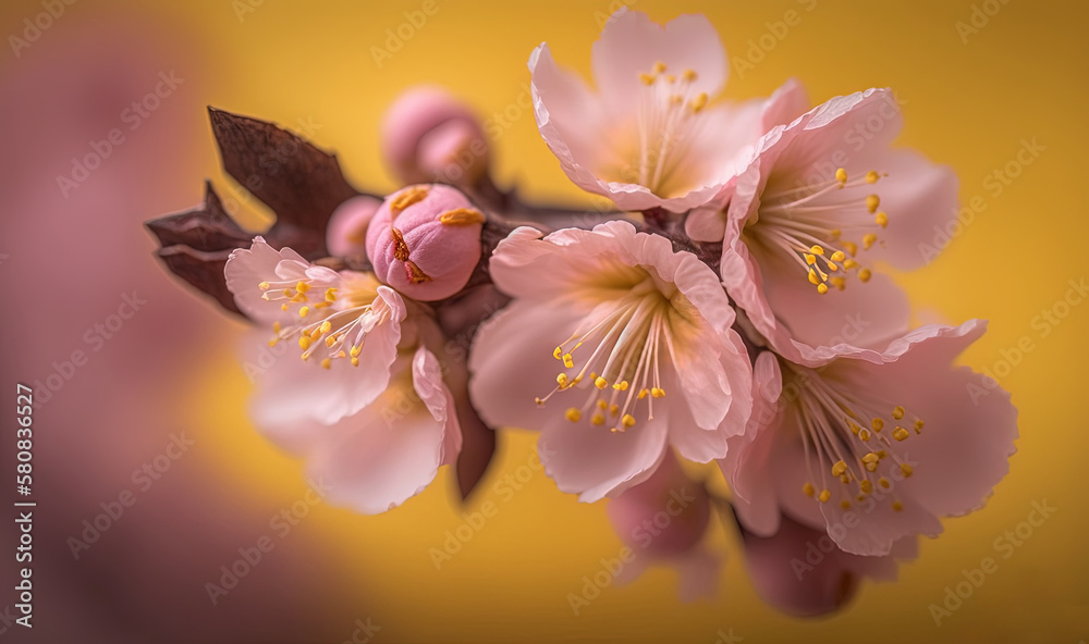  a close up of a branch of a tree with pink flowers on a yellow background with a yellow background 