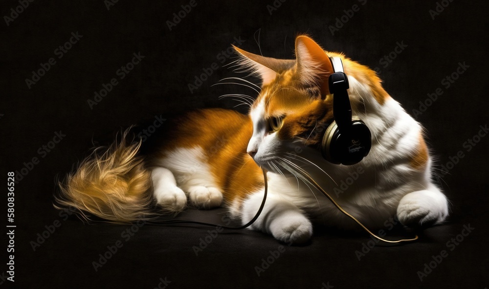  a cat with headphones on its ears is laying on the ground and looking at the camera with a curious 