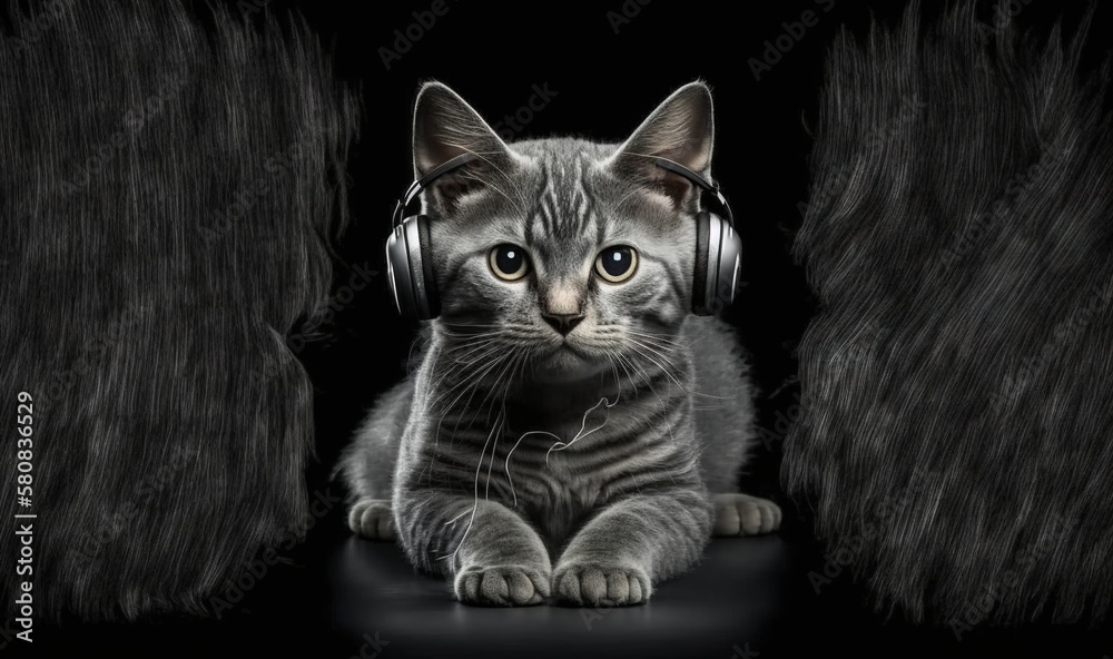  a cat with headphones on sitting in front of a black background with a black background and a black