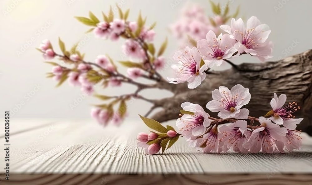  a branch of a cherry tree with pink flowers on a wooden table with a branch of a cherry tree in the