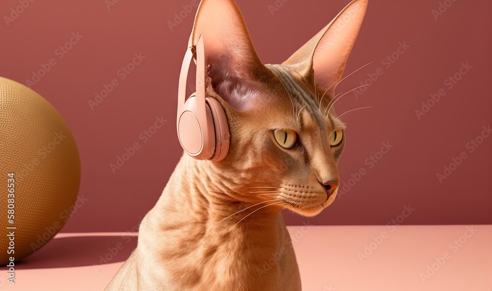  a cat with headphones on sitting next to a ball of exercise equipment on a pink background with a p