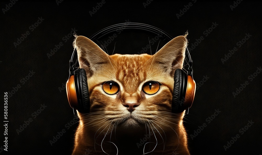  a cat with headphones on its ears looking at the camera with a black background behind it and a bla