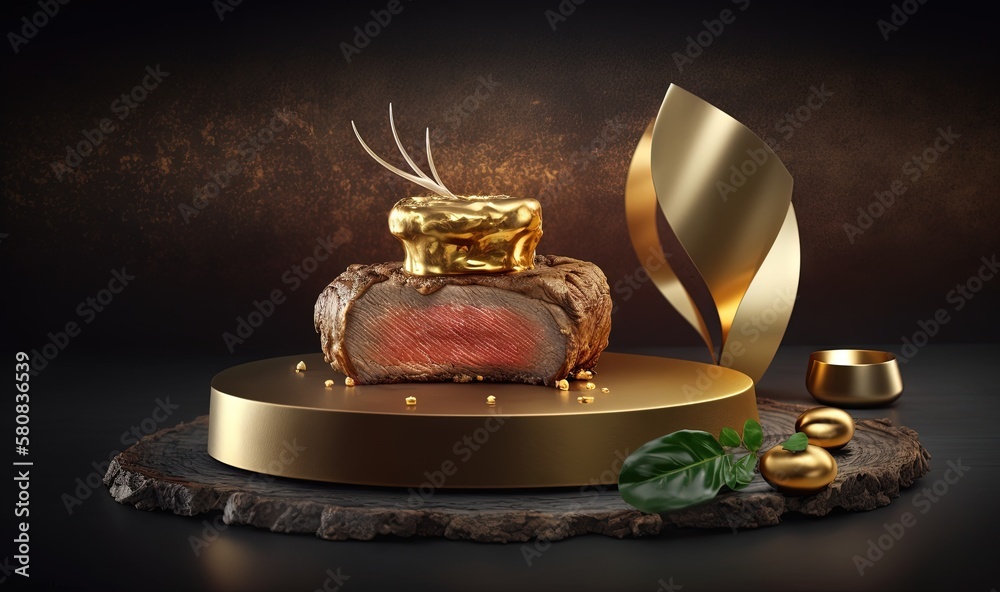  a piece of meat on a plate with a gold decoration on top of it and a gold plate with a piece of mea