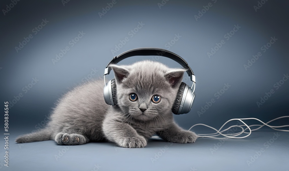  a kitten wearing headphones laying on a blue surface with a gray background and a gray background b