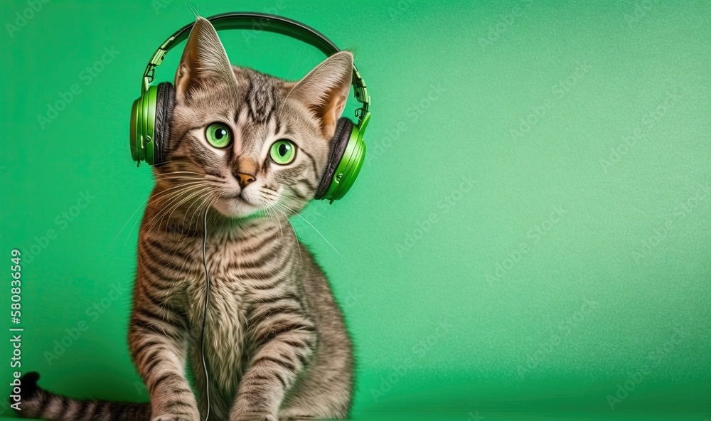  a cat with headphones on sitting on a green background with a green background and a green backgrou