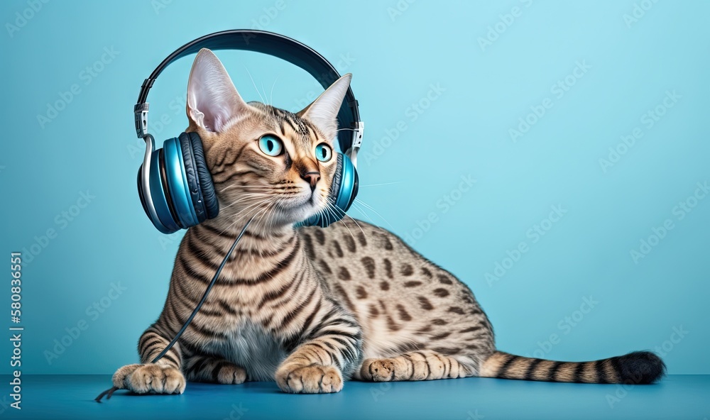  a cat with headphones on sitting on a table with a blue background and a blue background behind it 