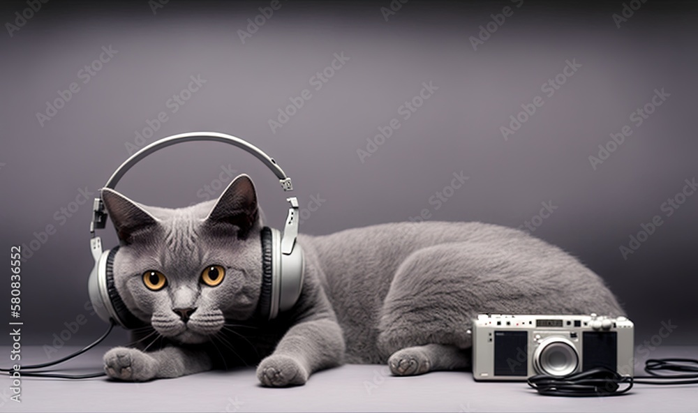  a gray cat with headphones on laying next to a camera and a camera on a table with a gray backgroun