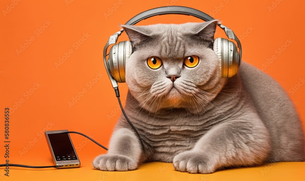  a gray cat with headphones and a cell phone on a table with an orange background and a yellow wall 