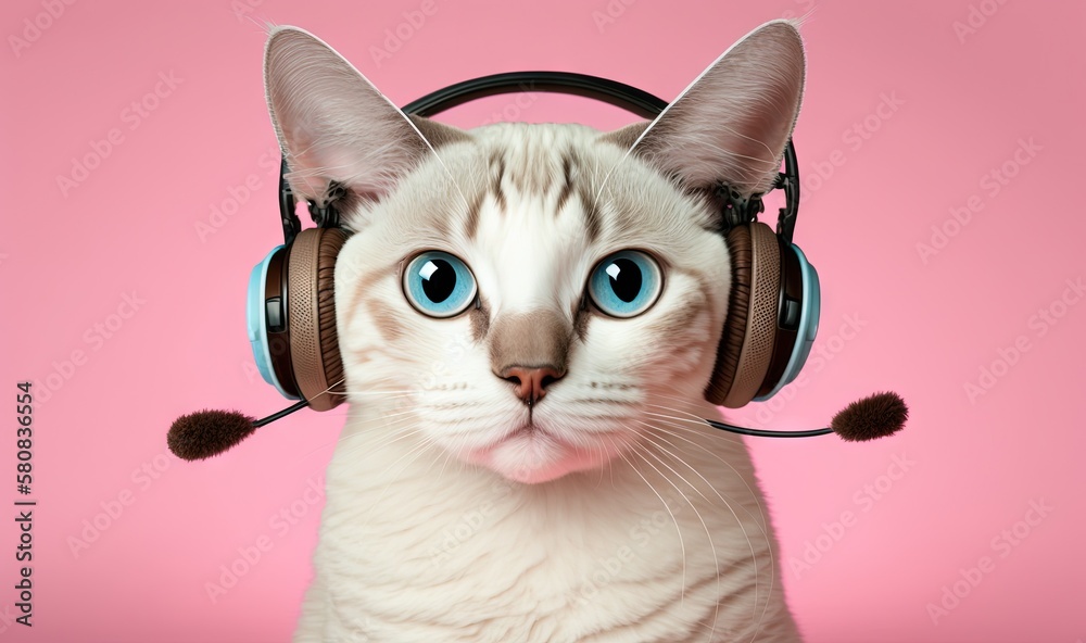  a white cat with blue eyes wearing headphones on a pink background with a pink background and a pin