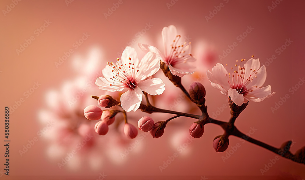  a branch of a flowering tree with pink and white flowers in the foreground and a pink background wi